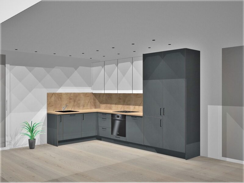 Preliminari "Modern Grey" virtuvės vizualizacija, virš 8 bėginių metrų virtuvė