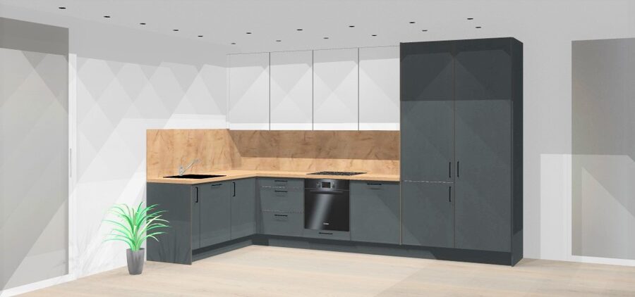Preliminari "Modern Grey" virtuvės vizualizacija, iki 5 bėginių metrų virtuvė
